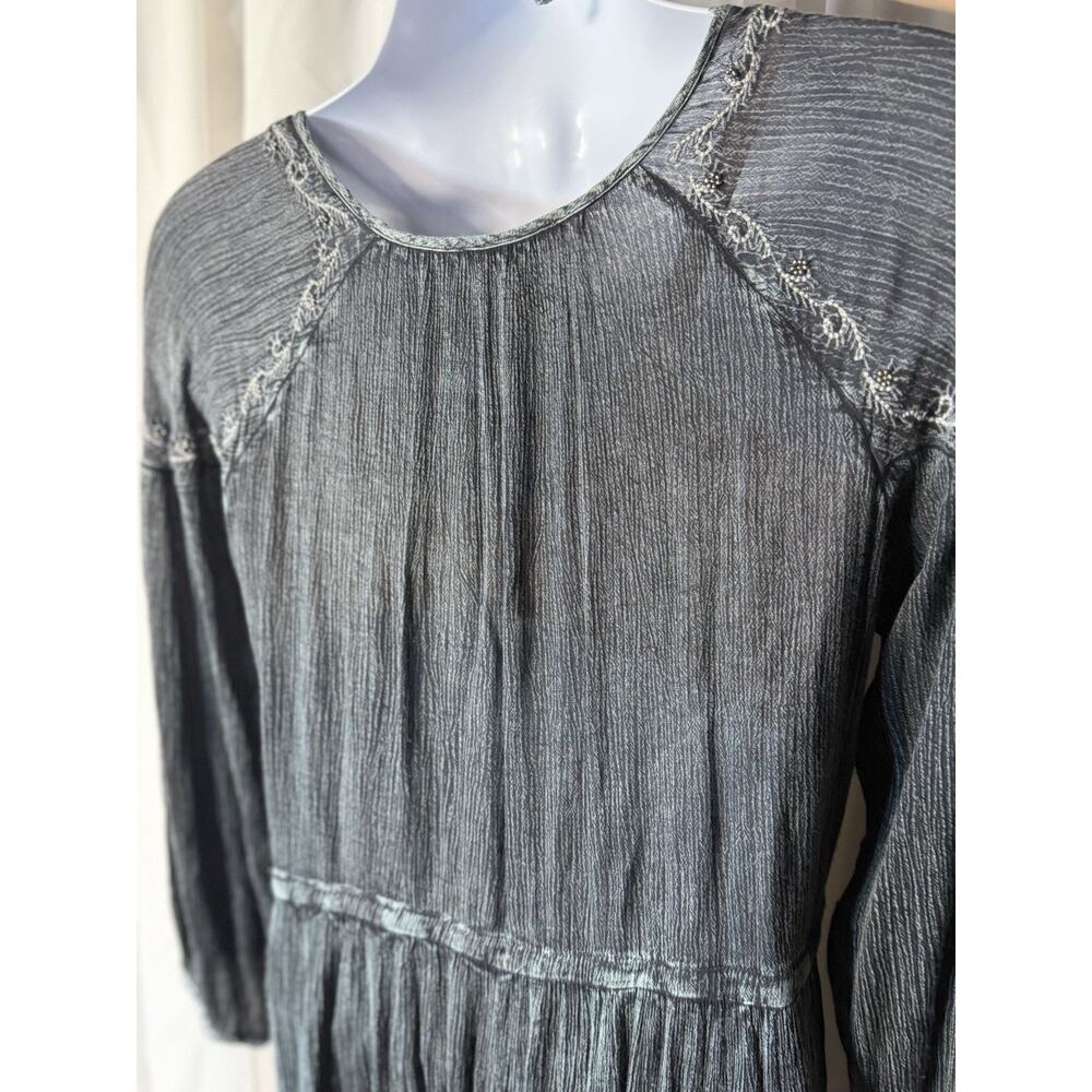 Dark Cottagecore Charcoal Gray Embroidered Boho Midi Dress Long Sleeve Size XL - Picture 6 of 8